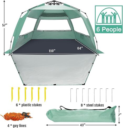 WhiteFang Deluxe Pop Up Beach Tent Sun Shade Shelter for 3-4/5-6 Person, UV Protection, Extendable Floor with 3 Ventilating Windows Plus Carrying Bag, Stakes, and Guy Lines in Kuwait