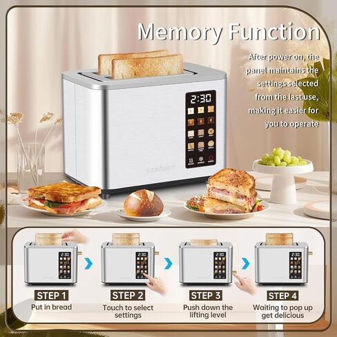 SEEDEEM Toaster 2 Slice, Touch Control Screen, Smart Stainless Toaster, 6 Shade Setting, 6 Bread Selection, Countdown, Removable Crumb Tray, 900W, Silver Metallic in Kuwait