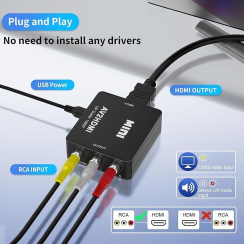 RCA to HDMI Converter, RCA to HDMI Adapter, 1080P Mini RCA Composite CVBS AV to HDMI Video Audio Converter Adapter Box Support PAL/NTSC for Wii PS2 PS3 Xbox VHS VCR Camera DVD(with USB/HDMI/RCA Cable) in Saudi Arabia