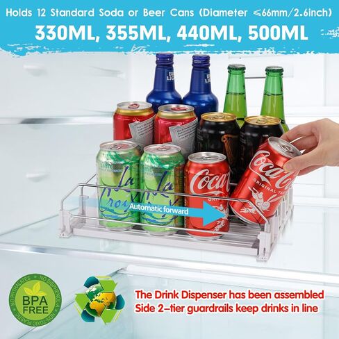 منظم الصودا التلقائي منظم للثلاجة الصيفية لصودا البيرة Seltzer Drink Pop Can Can Can Poshing Caning Self-Pushing Organizer لتخزين الثلاجة 12 علبة 11.15 أوقية 12oz 16 أوقية 16.9 أوقية in Kuwait