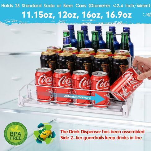 منظم الصودا التلقائي منظم للثلاجة الصيفية لصودا البيرة Seltzer Drink Pop Can Can Can Poshing Caning Self-Pushing Organizer لتخزين الثلاجة 12 علبة 11.15 أوقية 12oz 16 أوقية 16.9 أوقية in Kuwait