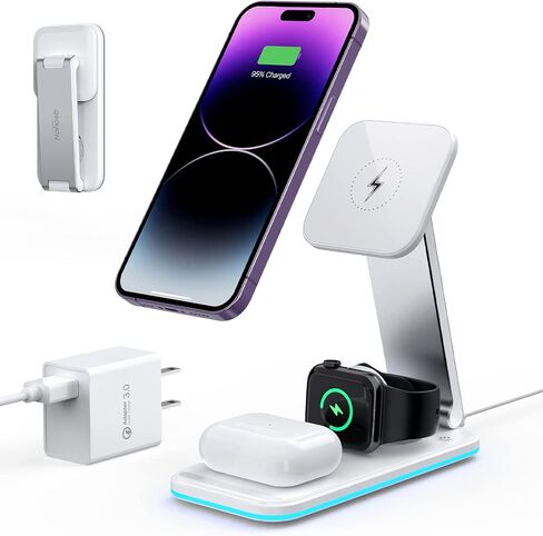 Magnetic Charging Station,Hohosb 3 in 1 Foldable Wireless Charger Stand[Compatible with Magsafe Charger] for iPhone 15/14/13/12 Series, AirPods Pro/3/2,Apple Watch/iWatch(18W Adapter Included)-Black in Saudi Arabia