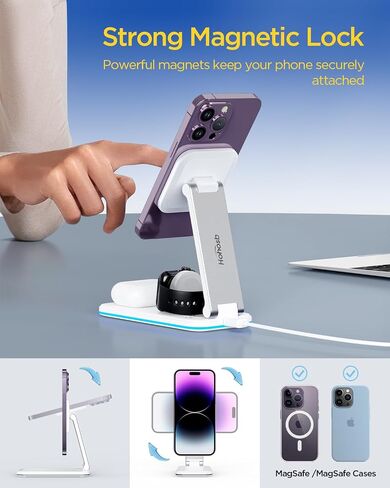 Magnetic Charging Station,Hohosb 3 in 1 Foldable Wireless Charger Stand[Compatible with Magsafe Charger] for iPhone 15/14/13/12 Series, AirPods Pro/3/2,Apple Watch/iWatch(18W Adapter Included)-Black in Saudi Arabia