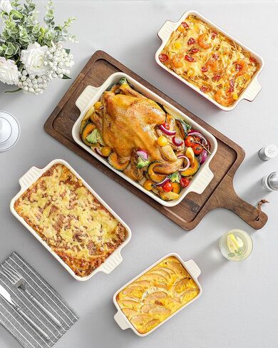 MALACASA Casserole Dishes for Oven, Porcelain Baking Dishes, Ceramic Bakeware Sets of 4, Rectangular Lasagna Pans Deep with Handles for Baking Cake Kitchen, White (9.4"/11.1"/12.2"/14.7"), Series in Kuwait