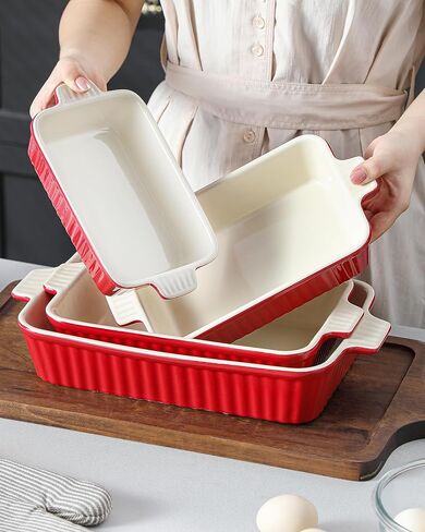 MALACASA Casserole Dishes for Oven, Porcelain Baking Dishes, Ceramic Bakeware Sets of 4, Rectangular Lasagna Pans Deep with Handles for Baking Cake Kitchen, White (9.4"/11.1"/12.2"/14.7"), Series in Kuwait