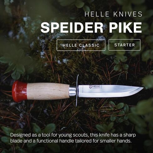 HELLE Knives - Speider Gutt (Boy) - Fixed Blades - Stick Tang - Beginner, Scout, Learning - Stainless Steel - Leather Sheath - Made in Norway in Saudi Arabia