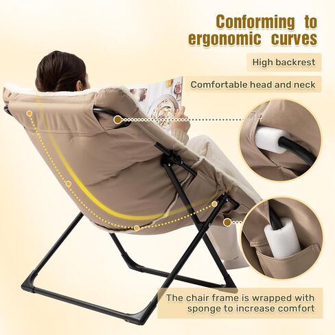 HollyHOME X-Large Saucer Chair, Comfy Oversized Folding Chair, Faux-Fur Reading Chair for Teens, Adults, Foldable Accent Lazy Chair, Metal Frame Lounge Chair for Living Room, Bedroom, Dorm, Grey in Kuwait