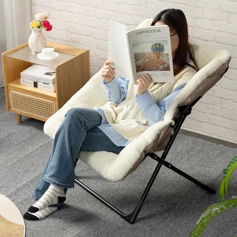 HollyHOME X-Large Saucer Chair, Comfy Oversized Folding Chair, Faux-Fur Reading Chair for Teens, Adults, Foldable Accent Lazy Chair, Metal Frame Lounge Chair for Living Room, Bedroom, Dorm, Grey in Kuwait