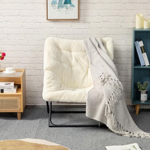 HollyHOME X-Large Saucer Chair, Comfy Oversized Folding Chair, Faux-Fur Reading Chair for Teens, Adults, Foldable Accent Lazy Chair, Metal Frame Lounge Chair for Living Room, Bedroom, Dorm, Grey in Kuwait