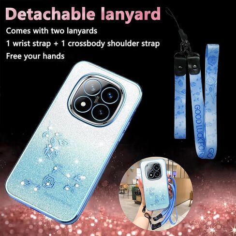 for Xiaomi Redmi Note 14 Pro+ Plus 5G Case Glitter with Crossbody Lanyard Strap for Women Girls, Sparkle Bling Shiny Girly Cover Cute Flowers Floral Case for Redmi Note 14 Pro Plus YSS Purple in Saudi Arabia