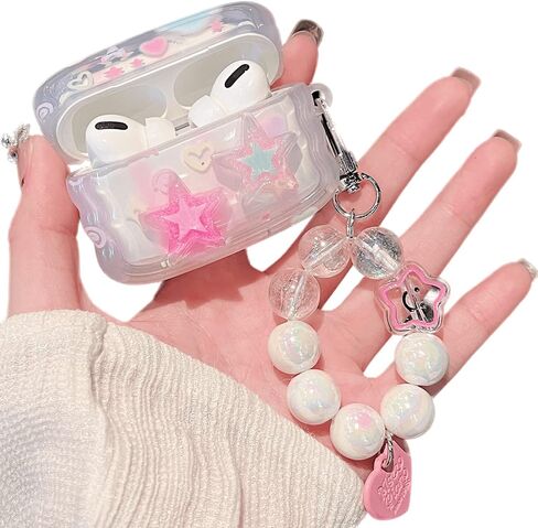 MINSCOSE Compatible with Airpods 4 Clear Case,Cute 3D Stars Pattern Design with Love Heart Keychain, Soft TPU Protective Shockproof Case for Airpods 4 for Girls Teens Women in Saudi Arabia