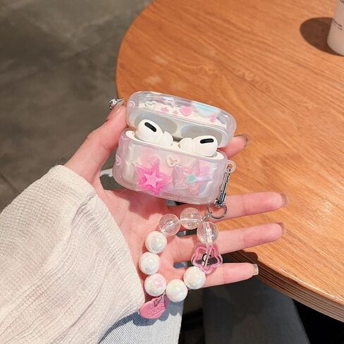 MINSCOSE Compatible with Airpods 4 Clear Case,Cute 3D Stars Pattern Design with Love Heart Keychain, Soft TPU Protective Shockproof Case for Airpods 4 for Girls Teens Women in Saudi Arabia