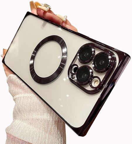 Losin Compatible with iPhone 15 Plus Rectangle Case [Compatible with MagSafe] Luxury Clear Plating Magnetic Phone Case Camera Lens Protection Slim Soft Shockproof Cover for Women Girls Men, Black in Kuwait