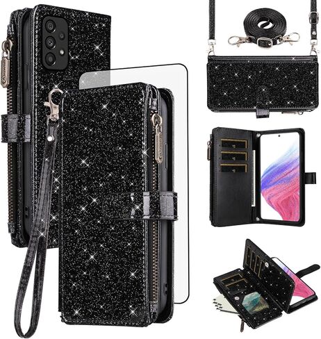 Asuwish Phone Case for Samsung Galaxy A53 5G Wallet Stand Cell Cover with Tempered Glass Screen Protector Strap Bling Glitter Zipper Flip Credit Card Holder A 53 G5 53A SM A536U 6.5" 2022 Women Black in Saudi Arabia