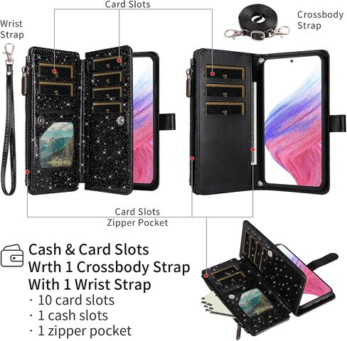 Asuwish Phone Case for Samsung Galaxy A53 5G Wallet Stand Cell Cover with Tempered Glass Screen Protector Strap Bling Glitter Zipper Flip Credit Card Holder A 53 G5 53A SM A536U 6.5" 2022 Women Black in Saudi Arabia