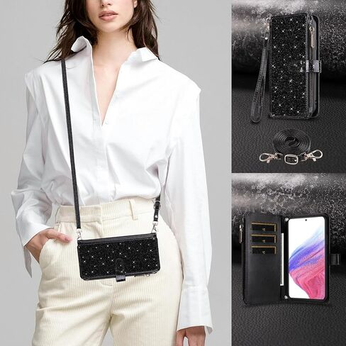 Asuwish Phone Case for Samsung Galaxy A53 5G Wallet Stand Cell Cover with Tempered Glass Screen Protector Strap Bling Glitter Zipper Flip Credit Card Holder A 53 G5 53A SM A536U 6.5" 2022 Women Black in Saudi Arabia