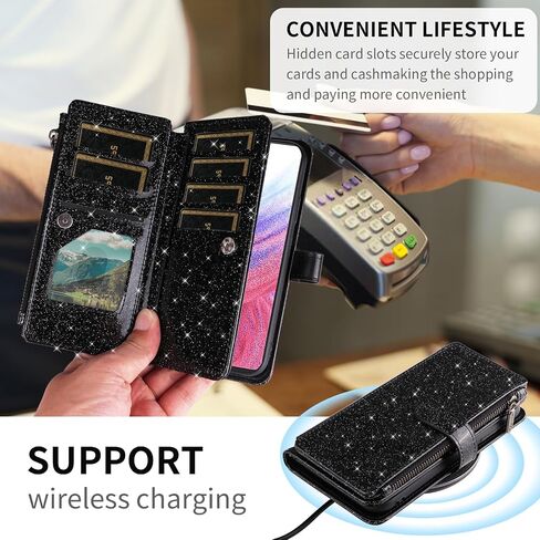 Asuwish Phone Case for Samsung Galaxy A53 5G Wallet Stand Cell Cover with Tempered Glass Screen Protector Strap Bling Glitter Zipper Flip Credit Card Holder A 53 G5 53A SM A536U 6.5" 2022 Women Black in Saudi Arabia