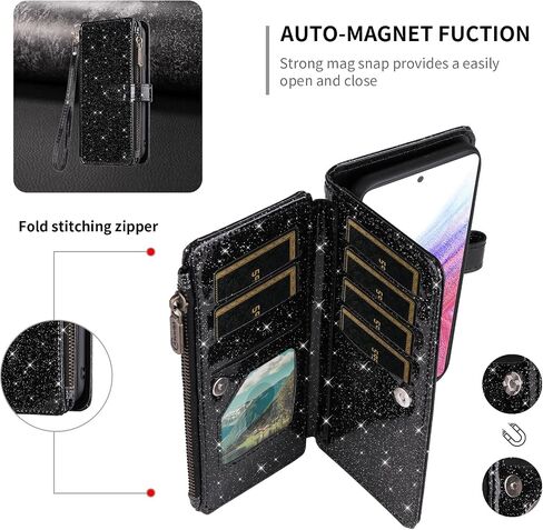 Asuwish Phone Case for Samsung Galaxy A53 5G Wallet Stand Cell Cover with Tempered Glass Screen Protector Strap Bling Glitter Zipper Flip Credit Card Holder A 53 G5 53A SM A536U 6.5" 2022 Women Black in Saudi Arabia