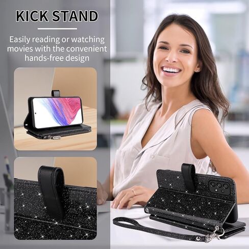 Asuwish Phone Case for Samsung Galaxy A53 5G Wallet Stand Cell Cover with Tempered Glass Screen Protector Strap Bling Glitter Zipper Flip Credit Card Holder A 53 G5 53A SM A536U 6.5" 2022 Women Black in Saudi Arabia
