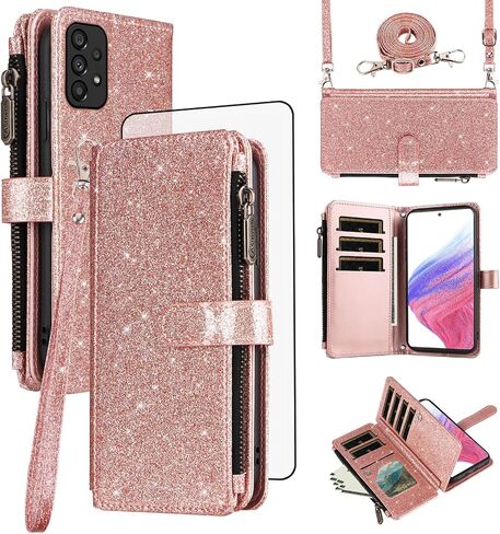 Asuwish Phone Case for Samsung Galaxy A53 5G Wallet Stand Cell Cover with Tempered Glass Screen Protector Strap Bling Glitter Zipper Flip Credit Card Holder A 53 G5 53A SM A536U 6.5" 2022 Women Black in Saudi Arabia