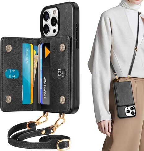 TUCCH Crossbody Wallet Case for iPhone 16 Pro (6.3"), RFID Blocking [6 Card Slots][Detachable Adjustable Lanyard], Magnetic Flip Wallet PU Leather Shockproof Phone Cover for iPhone 16 Pro, Black in Saudi Arabia