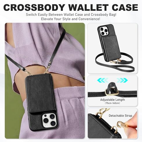 TUCCH Crossbody Wallet Case for iPhone 16 Pro (6.3"), RFID Blocking [6 Card Slots][Detachable Adjustable Lanyard], Magnetic Flip Wallet PU Leather Shockproof Phone Cover for iPhone 16 Pro, Black in Saudi Arabia