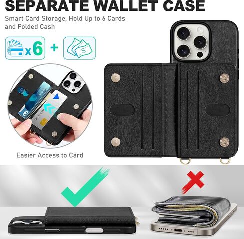TUCCH Crossbody Wallet Case for iPhone 16 Pro (6.3"), RFID Blocking [6 Card Slots][Detachable Adjustable Lanyard], Magnetic Flip Wallet PU Leather Shockproof Phone Cover for iPhone 16 Pro, Black in Saudi Arabia
