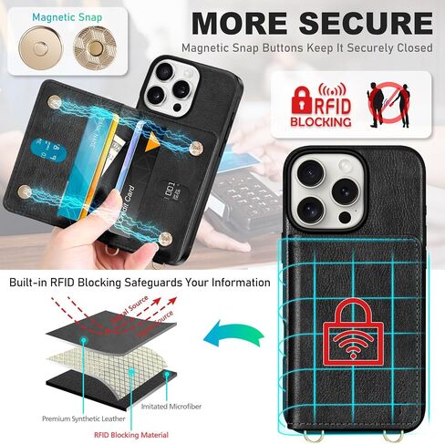TUCCH Crossbody Wallet Case for iPhone 16 Pro (6.3"), RFID Blocking [6 Card Slots][Detachable Adjustable Lanyard], Magnetic Flip Wallet PU Leather Shockproof Phone Cover for iPhone 16 Pro, Black in Saudi Arabia
