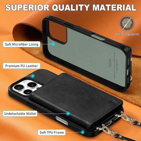 TUCCH Crossbody Wallet Case for iPhone 16 Pro (6.3"), RFID Blocking [6 Card Slots][Detachable Adjustable Lanyard], Magnetic Flip Wallet PU Leather Shockproof Phone Cover for iPhone 16 Pro, Black in Saudi Arabia