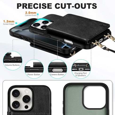 TUCCH Crossbody Wallet Case for iPhone 16 Pro (6.3"), RFID Blocking [6 Card Slots][Detachable Adjustable Lanyard], Magnetic Flip Wallet PU Leather Shockproof Phone Cover for iPhone 16 Pro, Black in Saudi Arabia