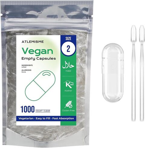Empty Vegan Capsules Size 2 - Vegan Capsules Empty (100 Count) Empty Capsules DIY Vegetable Capsule Filling - Veggie Capsules Empty Caps with 2 Micro Lab Spoons for Capsule Filling in Kuwait
