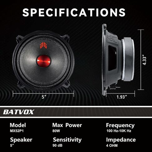 MX65E2 Midrange Loudspeaker 6.5" Red Bullet, 480W Max, 4 Ohms, Premium Quality Audio Door Speakers for Car or Truck Stereo Sound System, Black (2 Speaker) in Kuwait