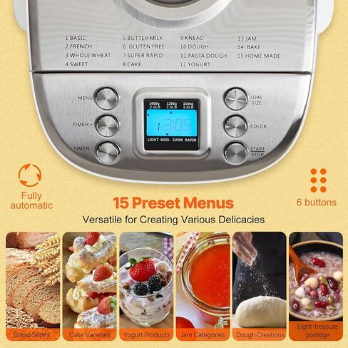 VEVOR Bread Maker, 19-in-1 2LB Dough Machine, Nonstick Ceramic Pan Automatic Breadmaker with Gluten Free Setting, Whole Wheat Bread Making, Digital, Programmable, 3 Loaf Sizes, 3 Crust Colors in Saudi Arabia