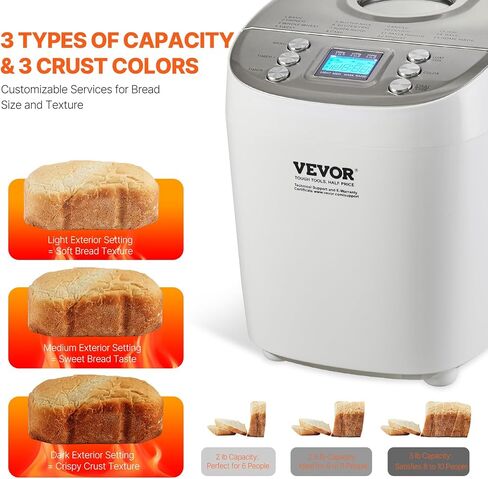 VEVOR Bread Maker, 19-in-1 2LB Dough Machine, Nonstick Ceramic Pan Automatic Breadmaker with Gluten Free Setting, Whole Wheat Bread Making, Digital, Programmable, 3 Loaf Sizes, 3 Crust Colors in Saudi Arabia