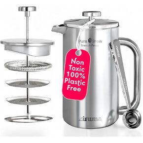 Ziruma Non-Toxic French Press Coffee Maker 316 Surgical Grade Stainless Steel, 34 Oz, 100% BPA - Plastic Free Coffee Press, Portable Press, 4 Layer Filter, Double Wall Insulated French Press