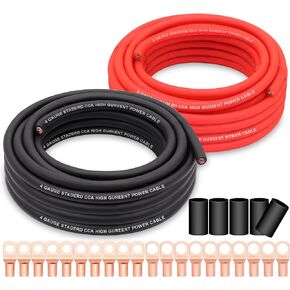4 Gauge Wire Copper Clad Aluminium CCA 50ft Black/Red مع العروات 4GA وأنبوب تقلص الحرارة - طاقة البطارية/كابل الأرض ، مكبر صوت صوت ، RV Trailer AMP الأسلاك