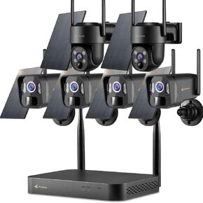 Kittyhok Wireless Solar Security Camera System | 4pcs Bullet Solar Camera, 2pcs PT Solar Security Camera Outdoor, Solar Power, Human Detection, Spotlight, 10CH NVR, Local Storage, No Monthly Fees