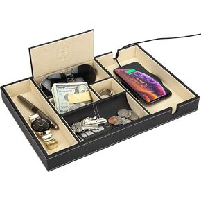 Houndsbay Victory Valet Tray, Nightstand Organizer with Charging Station, Handmade PU Leather, Scratch Resistant for Men, Camo Style