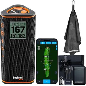 Bushnell Golf Wingman View GPS Speaker | LCD Screen, Magnetic Mount, Music & Audible Distances for 36,000+ Courses, Wireless Remote, 36-Hole Battery, Hazard Info, Signature Series Power Bundle