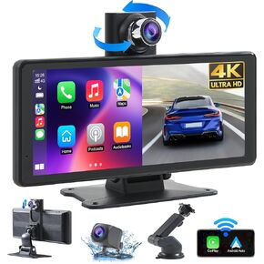 شاشة Carplay Stereo للسيارة اللاسلكية مع CAM 4K DASH CAM ، 8.1 '' Portable 2K Touch Screen مع كاميرا احتياطية 1080 بكسل ، تنقل GPS للعب السيارات ، Android Auto ، التحكم الصوتي ، رابط المرآة ، DVR ، Bluetooth