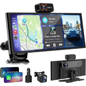 CarPlay Screen for Car Tablet Android Auto Smart Screen for Car, Portable Car Play with 3 Channel 3K Dash Cam,10.26" Wireless Display with FM Radio Stereo Bluetooth 5.2, 32GB TF Card Black
