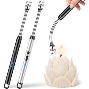 LcFun Electric Candle Lighters USB Rechargeable Lighter with LED Battery Display, 2 Pack Windproof Long Arc Lighter for Grill BBQ Camping Fireplace Stove (Double Black)