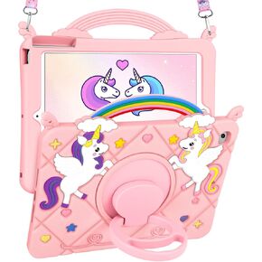 for iPad 10th Generation Case 10.9 Inch 2022 - Cute Girls Kawaii Girly 3D Cartoon Teen Case for Apple 10th Gen with Rotating Stand & Strap Soft Silicone PK Unicorn Case for iPad 10th Gen Funda