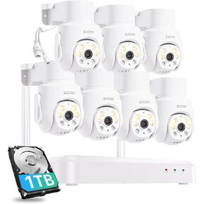 ZOSI 8CH 3K Wi-Fi 6 Security Camera System, 7 x 5MP Pan Tilt WiFi Camera with Auto Tracking, Color Night Vision, Plug-in, AI Person Detect, 2-Way Audio, 8 Channel WiFi NVR with 1TB HDD for 24/7 Record