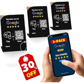 Google Review Stand (3 PCS) - Boost Reviews w/Reusable Google Review Tap Card Stand & QR Code Stand- Smart Phone & iPhone Compatible - Boost Google Reviews for Online Growth - Acrylic (Black)