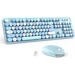 Wireless Keyboard and Mouse Combo - GEEZER Sky Blue Full-Sized Colorful Keyboard 104 Keys - USB 2.4 G Receiver Plug Play with Round Keycap Typewriter Keyboards, for Windows, PC, Laptop, Desktop