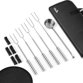 Gibot Marshmallow Roasting Sticks for Fire Pit, 5 Dishwasher Safe Stainless Steel Extendable Smores Sticks with Rests Pellet Scoop Grill mat, Camping Essentials，Stove Accessory Pack