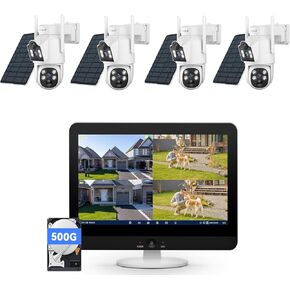 Solar Security Camera System Wireless Outdoor, 4pcs 2K Dual Lens (3MP+3MP) Home Security Camera System Outside, 2.4G/5G WiFi, 355° PTZ, Human Detection Alarm, 16CH 12'' Monitor NVR (500G HDD)