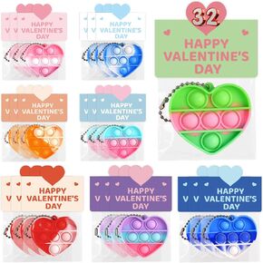 32 Pack Valentine's Day Heart-Shaped Pop Fidget Toys for Kids, Classroom Bulk Gifts with Keychains & Cards, Perfect for School Party & Class Exchanges