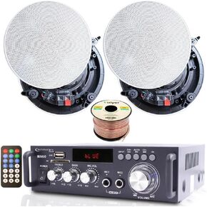 Technical Pro Home Theater System Kit – 2 Channel, 600 Watts Bluetooth Amplifier w/ 2 Qty of 5.25" Frameless Ceiling Speakers 175W Each, 50 ft Speaker Wire & Remote Perfect for Home, Restaurant Use